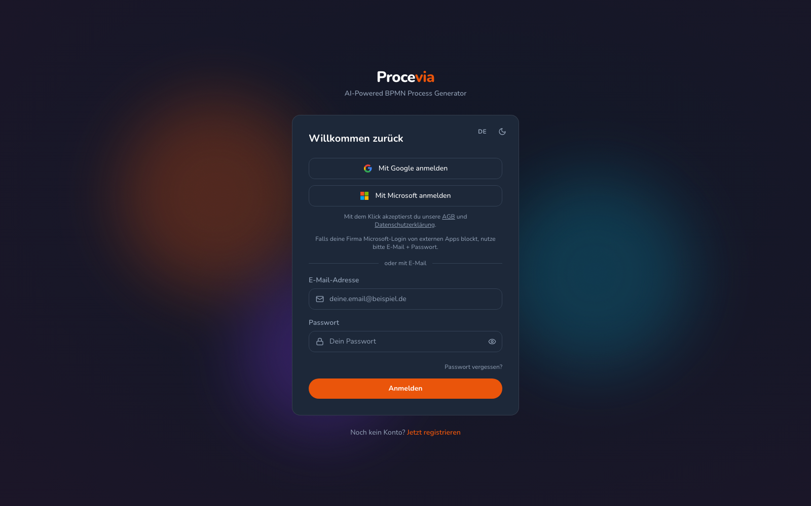 Die Anmeldeseite von Procevia mit Login per Google, Microsoft oder E-Mail