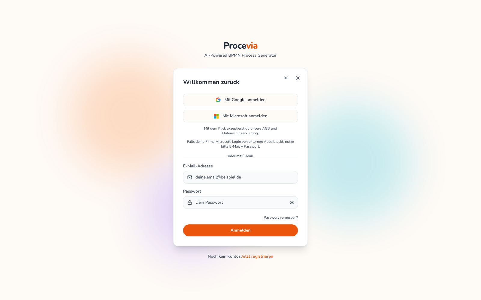 Die Anmeldeseite von Procevia mit Login per Google, Microsoft oder E-Mail