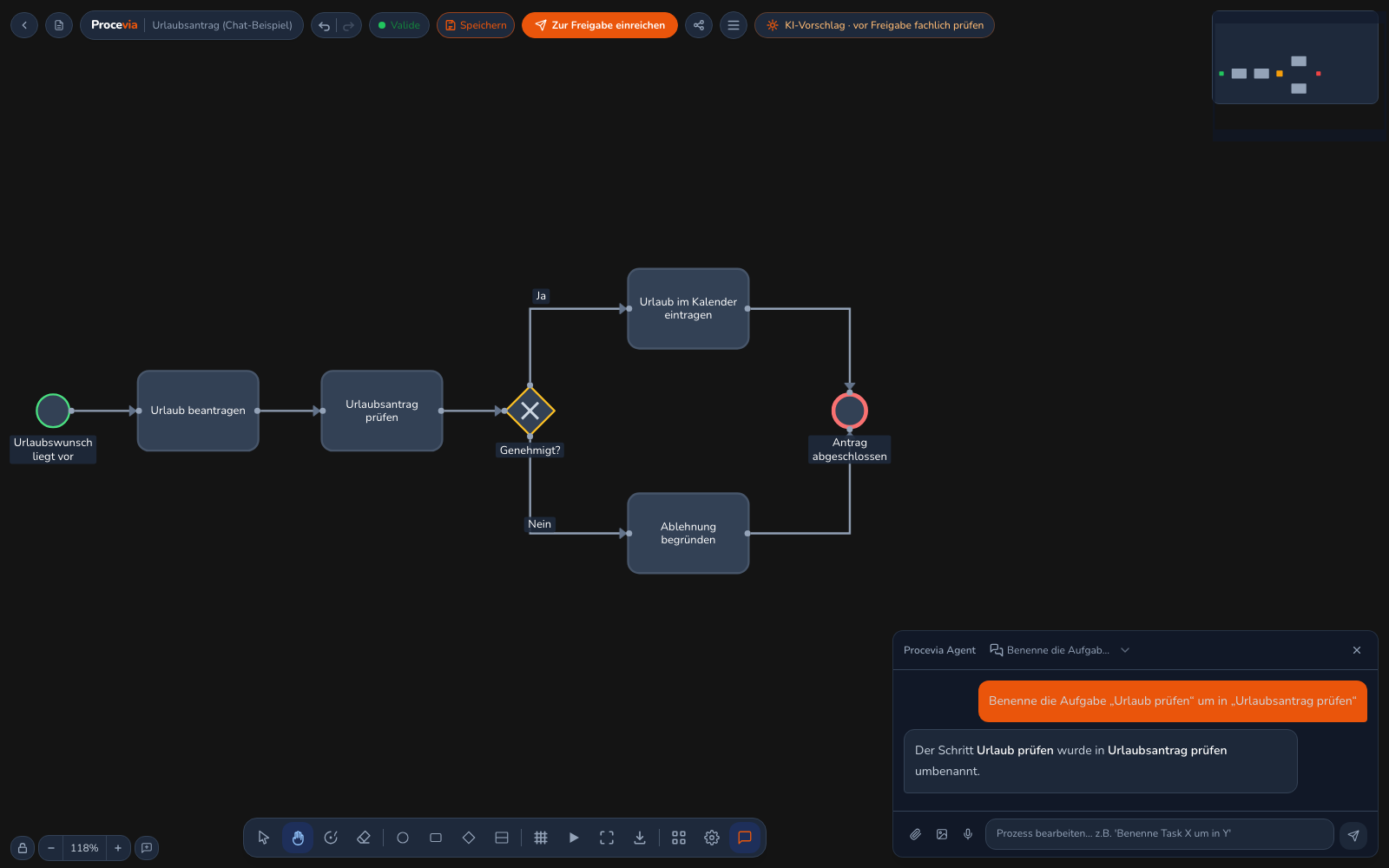 Der Editor mit dem Chat-Panel rechts: die Bearbeitungs-Anweisung „Benenne die Aufgabe um“ und darunter die Bestätigung der tatsächlich durchgeführten Umbenennung im Diagramm
