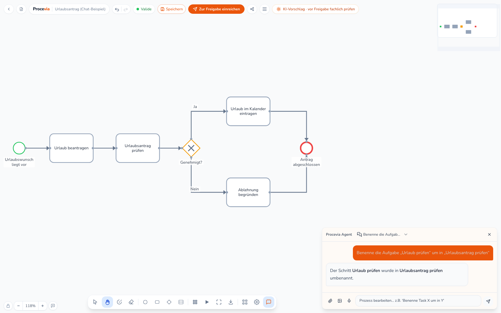 Der Editor mit dem Chat-Panel rechts: die Bearbeitungs-Anweisung „Benenne die Aufgabe um“ und darunter die Bestätigung der tatsächlich durchgeführten Umbenennung im Diagramm