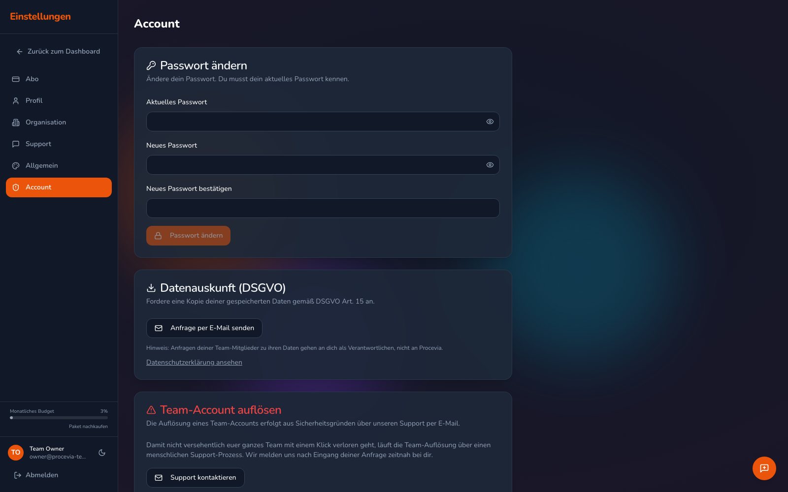 Der Account-Bereich der Einstellungen mit dem Formular „Passwort ändern“ mit den Feldern für aktuelles und neues Passwort, darunter die DSGVO-Datenauskunft und das Auflösen des Accounts