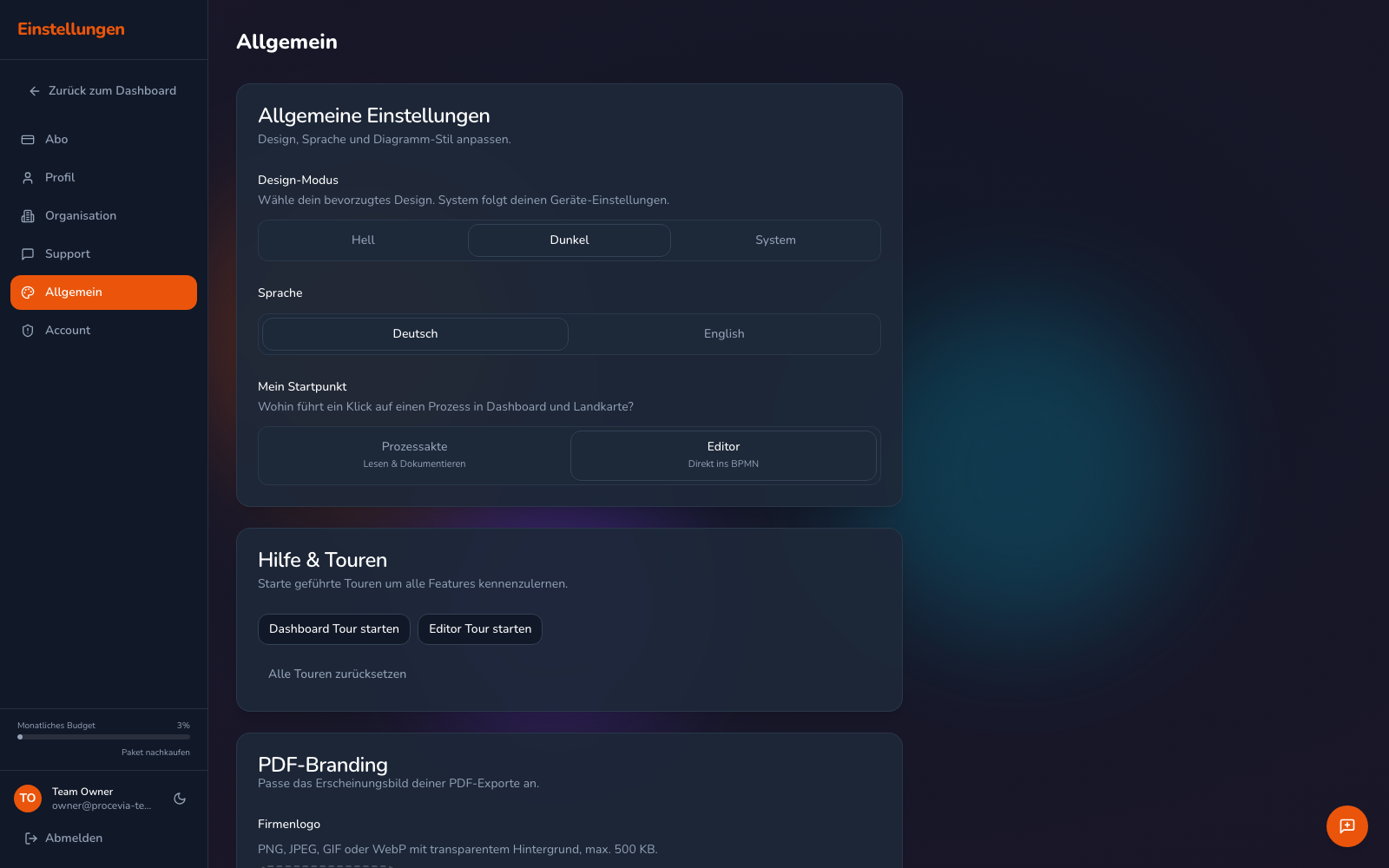 Der Allgemein-Bereich der Einstellungen mit der Auswahl für Design-Modus, Sprache und Startpunkt sowie den Buttons zum Starten der Dashboard- und Editor-Tour