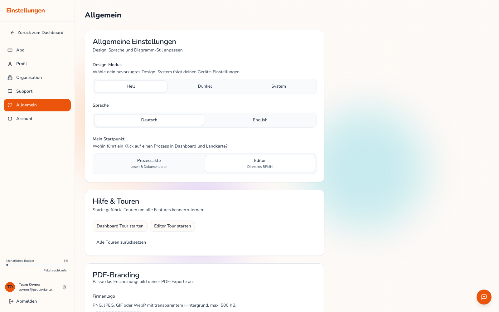 Der Allgemein-Bereich der Einstellungen mit der Auswahl für Design-Modus, Sprache und Startpunkt sowie den Buttons zum Starten der Dashboard- und Editor-Tour
