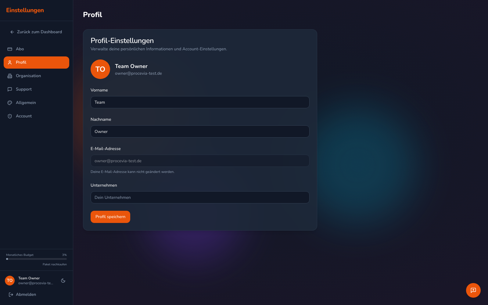 Die Einstellungen mit der Bereichs-Navigation links (Abo, Profil, Organisation, Support, Allgemein, Account) und dem geöffneten Profil-Bereich mit Feldern für Vorname, Nachname, E-Mail und Unternehmen