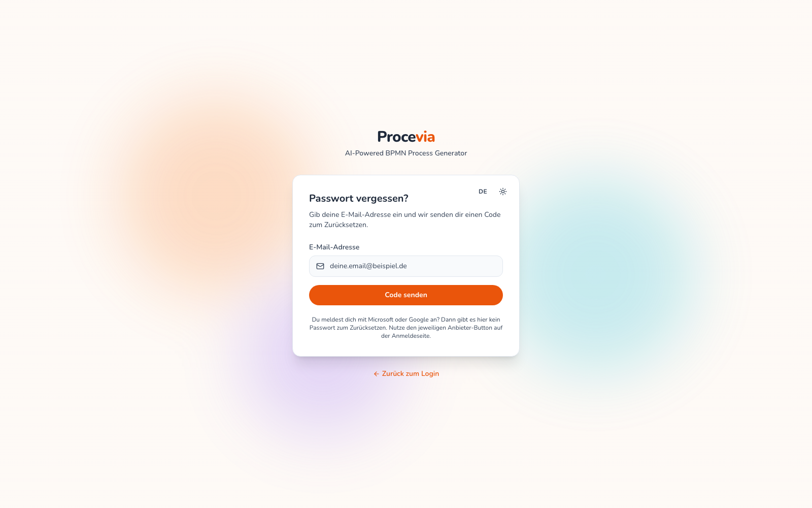 Die Seite zum Zurücksetzen des Passworts mit Eingabefeld für die E-Mail-Adresse