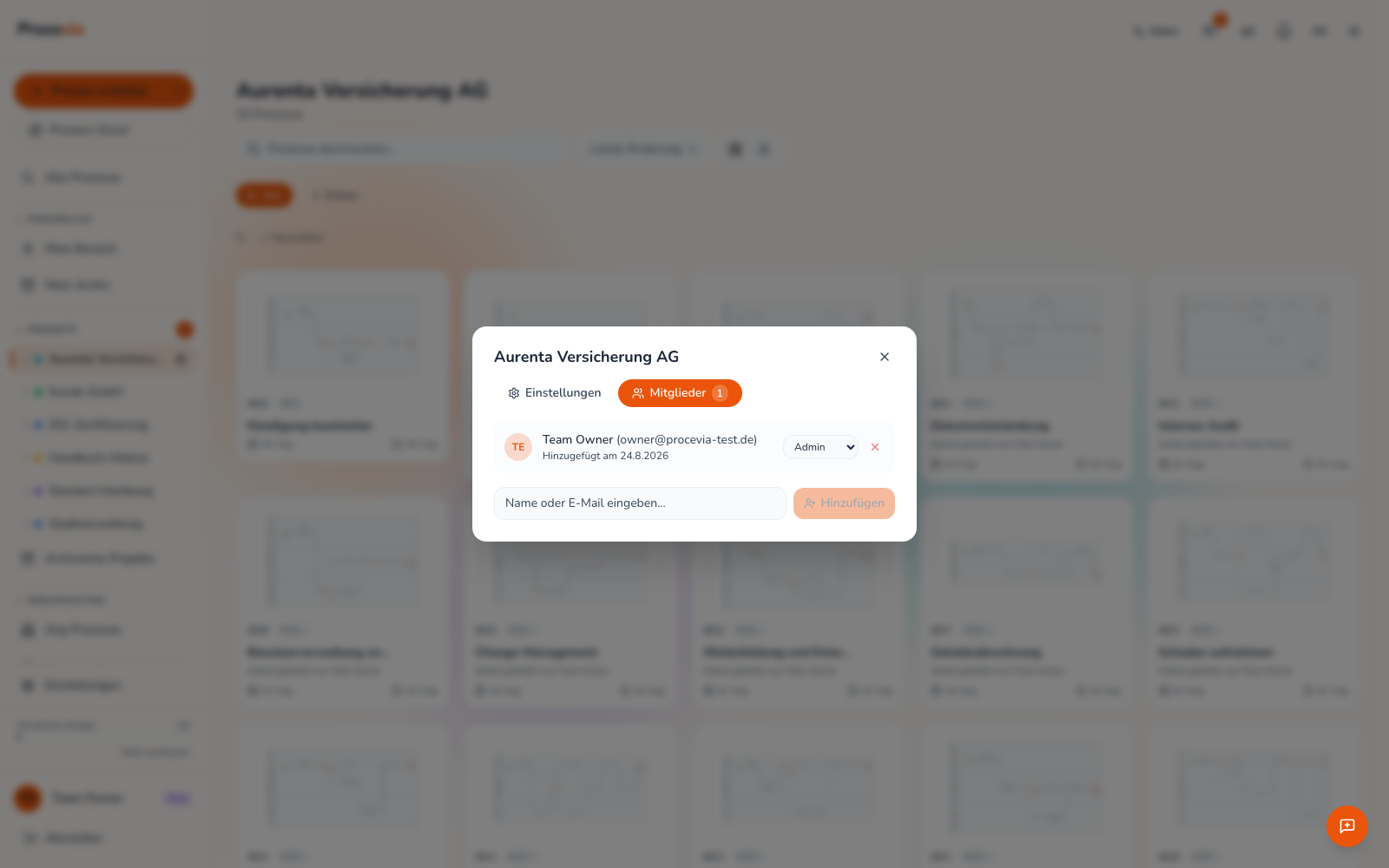 Der Mitglieder-Tab der Projekt-Einstellungen mit einem Mitglied samt Rollen-Dropdown und dem Feld zum Hinzufügen weiterer Mitglieder per Name oder E-Mail