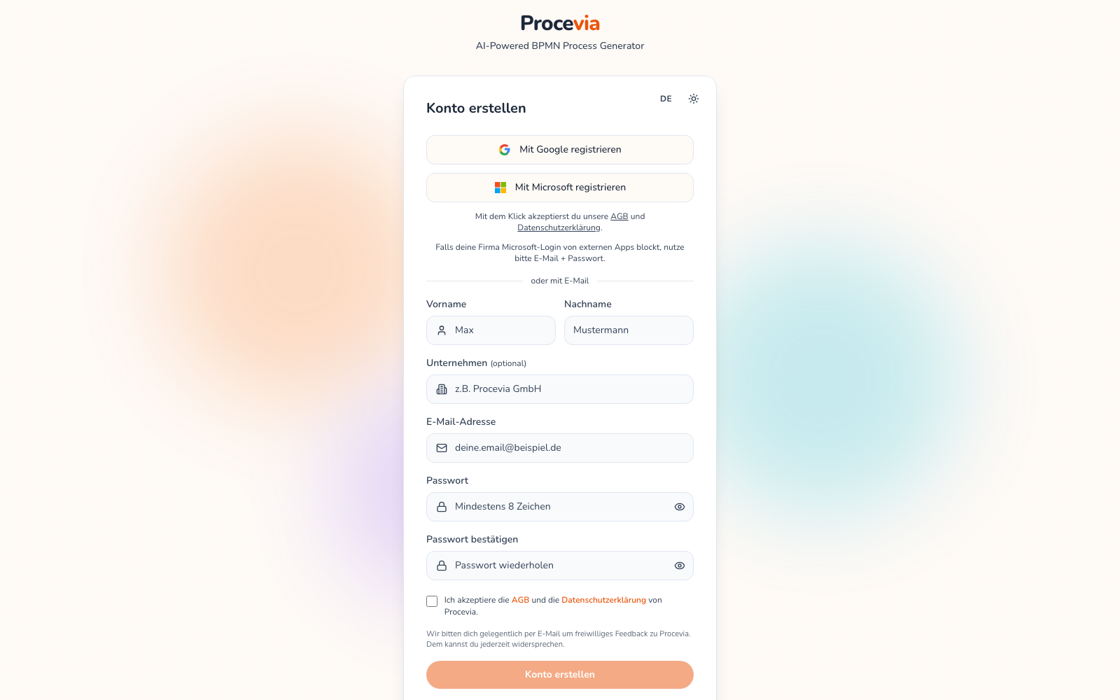 Das Registrierungsformular von Procevia mit Feldern für Name, Unternehmen, E-Mail und Passwort
